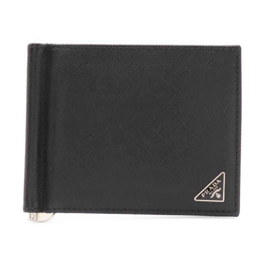 PRADA プラダ トライアングルロゴ 2つ折札入れ 二つ折り財布 マネークリップ式 ビルクリップ レザー NERO 黒 ブラック シルバー金具 | PRADA