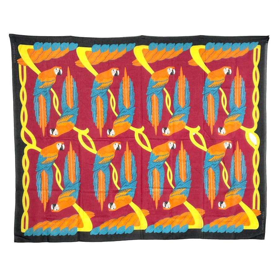 HERMES エルメス 大判ストール ショール パレオ オウム柄 コットン100% レッド ブラック オレンジ ブルー イエロー | HERMES