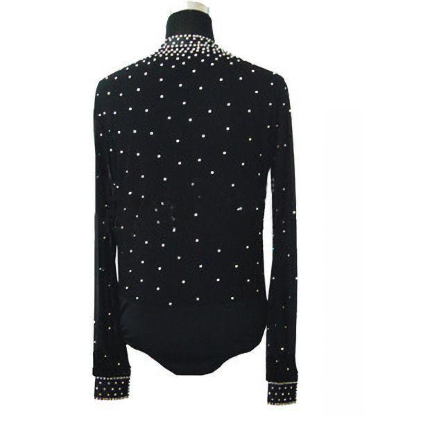 男性用 ダンス衣装 ダンス用シャツ 長袖 トップス プランジングネック ダイビングネック 深めVネック ラインストーン ビジュー キラキラ セクシー 