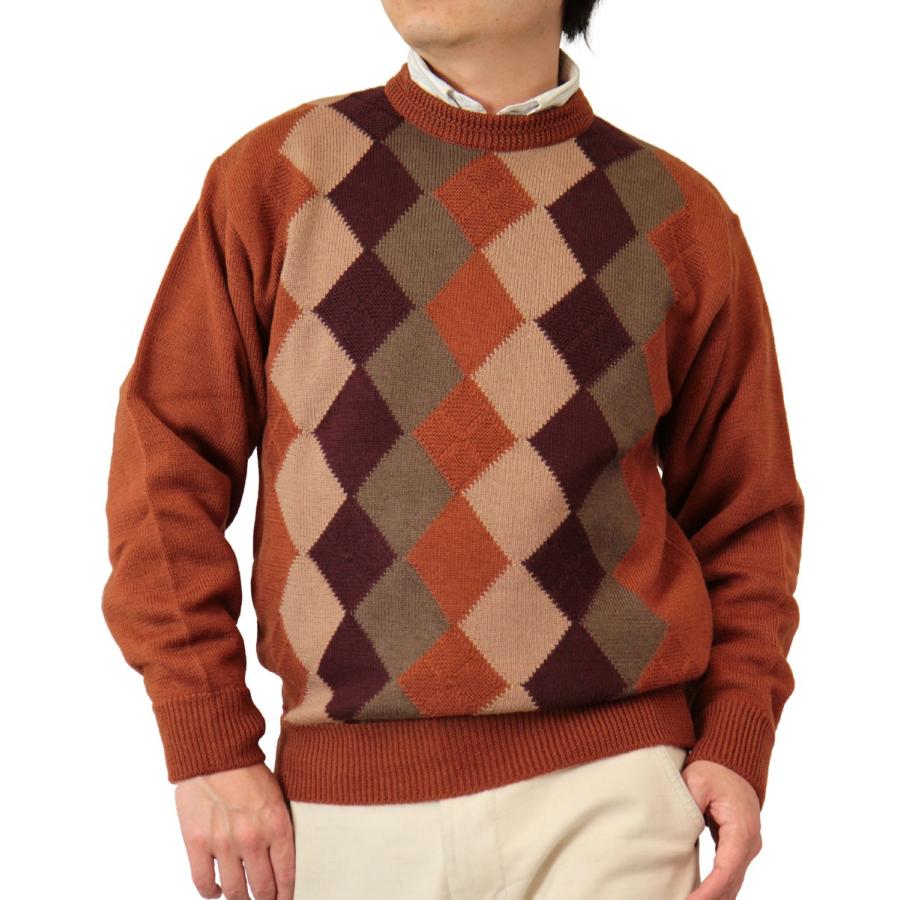 セーター 丸首(クルー) ダイヤ柄 ウール100% 日本製 7ゲージ 紳士