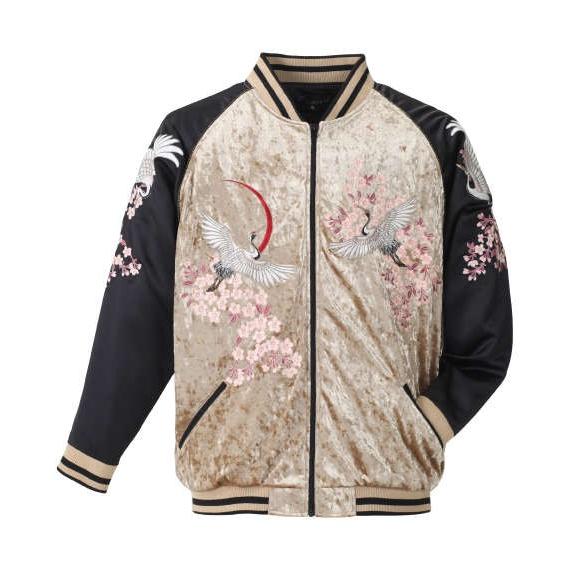 新品タグ付き　桜　ゴールド　XL　ジャケット　スカジャン　刺繍　絡繰魂　流儀圧搾 大きいサイズ メンズ 絡繰魂 鶴桜刺繍ベロアスカジャン ゴールド