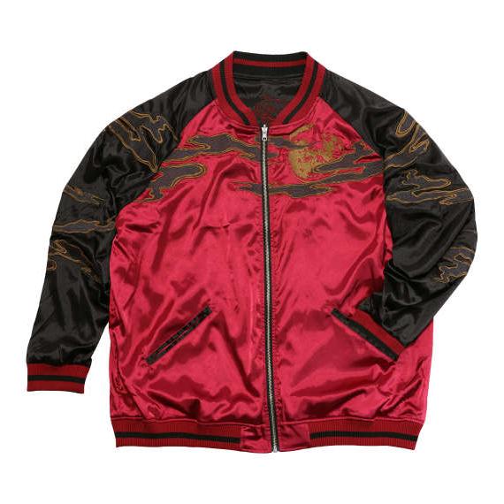 大きいサイズ メンズ 絡繰魂 猫又 リバーシブル スカジャン ワイン