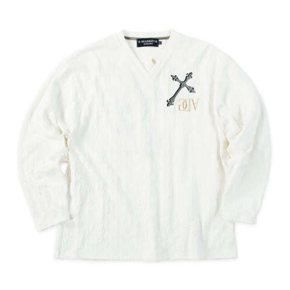 大きいサイズ メンズ GLADIATE 刺繍ブロックジャガード 長袖 Vネック Tシャツ ホワイト 1258-5330-1 3L 4L 5L 6L 大きいサイズ メンズ GLADIATE 刺繍ブロックジャガード 長袖 Vネック T