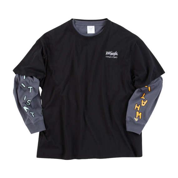 大きいサイズ メンズ (What it isNt) 半袖T × 長袖T レイヤード Tシャツ ブラック × チャコール 1278-4695-2 3L 4L 5L 6L 8L 大きいサイズ メンズ (What it isNt) 半袖T × 長袖T レイヤード T