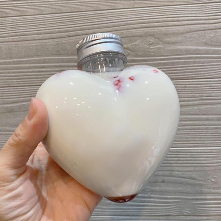 テイクアウト おしゃれ ドリンクボトル ボトル容器 ハート型 360ml HEART シルバー蓋 ボトルドリンク 100個セット インスタ映えの画像