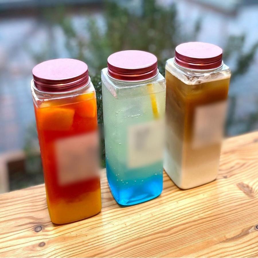 テイクアウト ドリンクボトル おしゃれ ボトル容器 460ml スクエアーチューブ ピンク蓋 ボトルドリンク 120個セット インスタ映えの画像