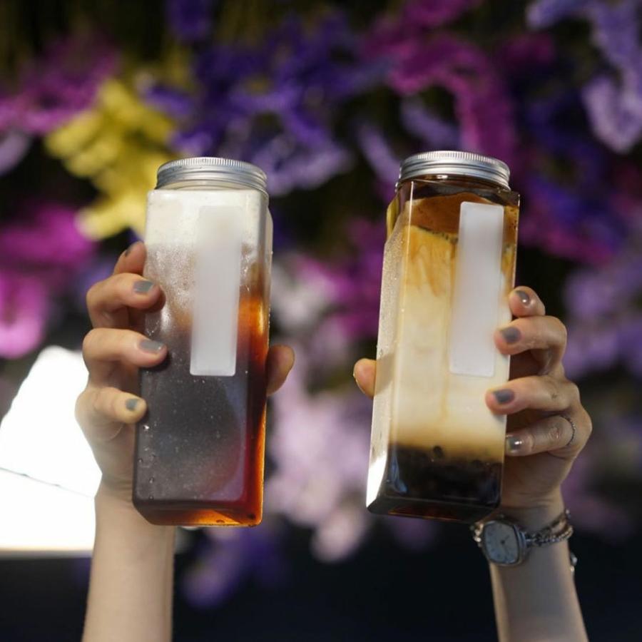 テイクアウト ドリンクボトル おしゃれ ボトル容器 460ml スクエアーチューブ ピンク蓋 ボトルドリンク 120個セット インスタ映えの画像