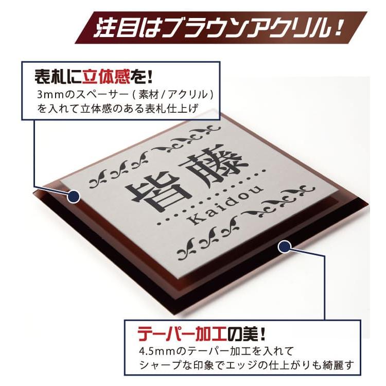 ダークブラウン木目＋ステンレス調アクリル表札＊１㎜単位＊ＵＶ＋鏡面仕上げ＊穴開け 屋外対応】ブラックパール系大理石調のアクリル表札＊透明4辺