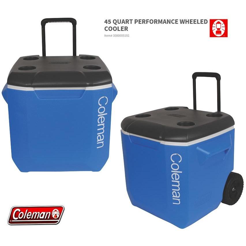 日本未発売品 Coleman コールマン クーラーボックス　45QT ホイールクーラー BLUE/WHITE キャスター付き｜boardcooker