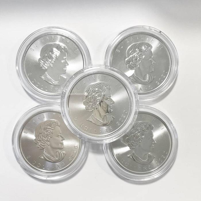 カナダ メイプルリーフ銀貨 純銀 ５枚 2020年 新品未使用 クリアケース