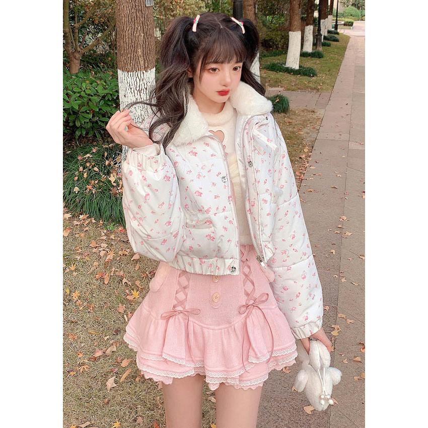 ファー スタンド 小花柄 ショート ブルゾン ダウンジャケット アウター 原宿系 地雷系 量産型 ゆめかわいい Bobon21 ボボンニジュウイチ C2116s C2116s Bobon21 通販 Yahoo ショッピング