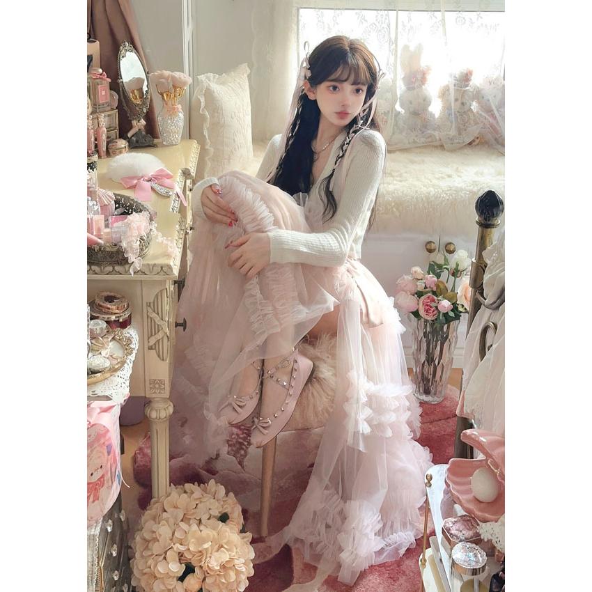 バレエコア LOOK ミニ丈 フェイク レイヤード カーディガン 地雷 バレエコア LOOK ミニ丈 フェイク レイヤード カーディガン 地雷