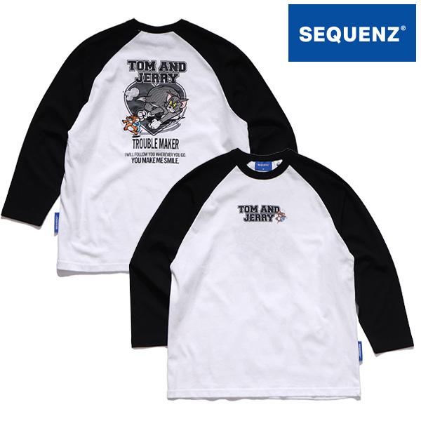 シークエンズ【SEQUENZ】TJ HEART VINTAGE RAGLAN TEE トムとジェリー ラグランTシャツ 長袖 クルーネック ロンT プリント 刺繍 ユニセックス【ネコポス発送】 | SEQUENZE