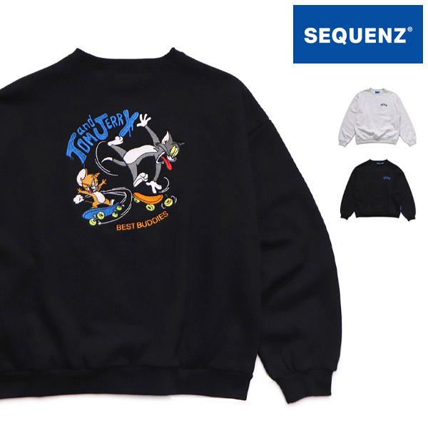 シークエンズ【SEQUENZ】TJ SKATE BOARD C/N SWEAT トムとジェリー スウェット クルーネック トレーナー 刺繍 裏起毛 バックデザイン キャラクター ユニセックス | SEQUENZE