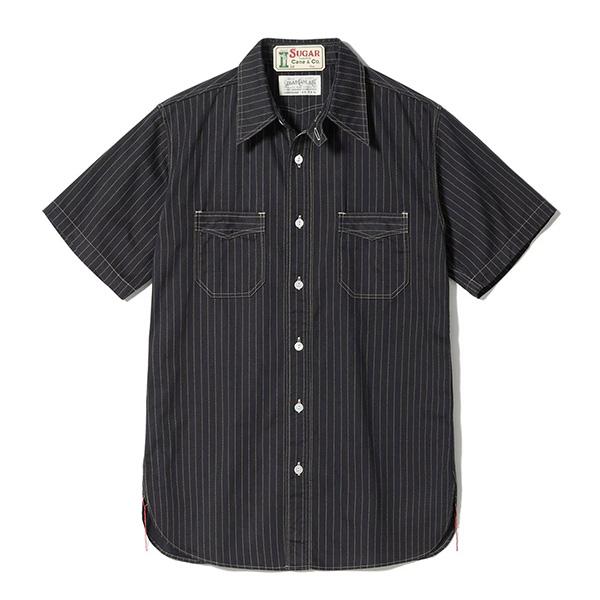 シュガーケーン【SUGAR CANE】SC39702 / FICTION ROMANCE 8.5oz. BLACK WABASH STRIPE WORK SHIRT (SHORT SLEEVE) ワークシャツ 半袖 ストライプ メンズの画像