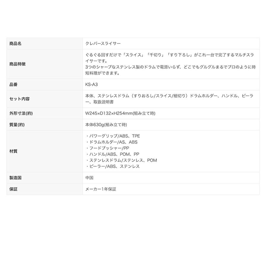 クレバースライサー KS-A3 電源不要 ハンドルを回すだけ 1台3役 万能 スライサー 千切り 下ごしらえ 細切り すりおろし 送料無料 爆買の画像