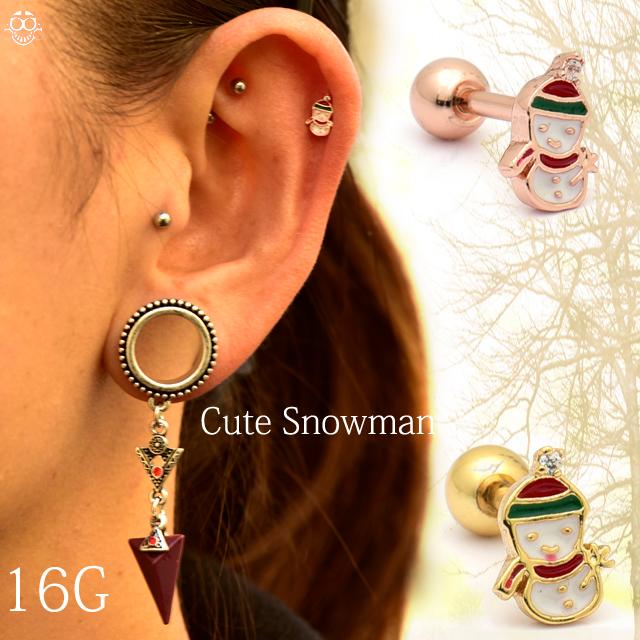 可愛い冬ピアス 16G snowman 軟骨ピアス ロブピアス ストレートピアス