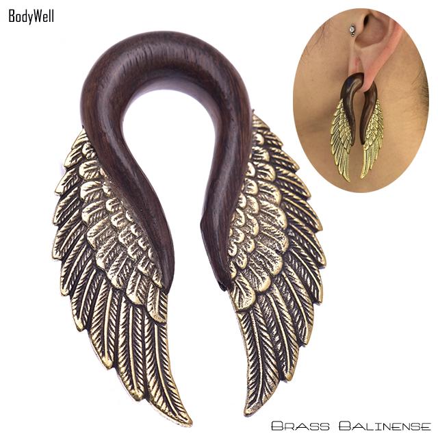 ボディピアス 16mm〜 アンティーク ブラス ウッド 羽根 ダブル  
