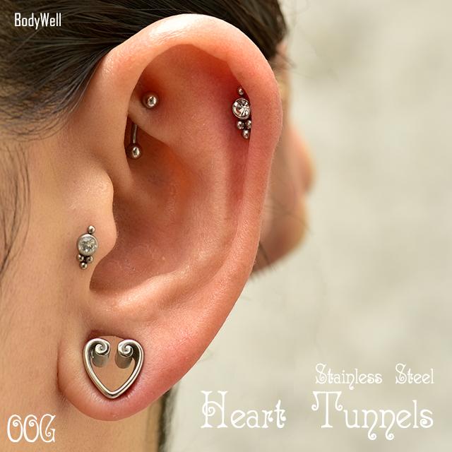 0G 00G ダブルロール ハート ステンレスピアス ダブルフレア 拡張