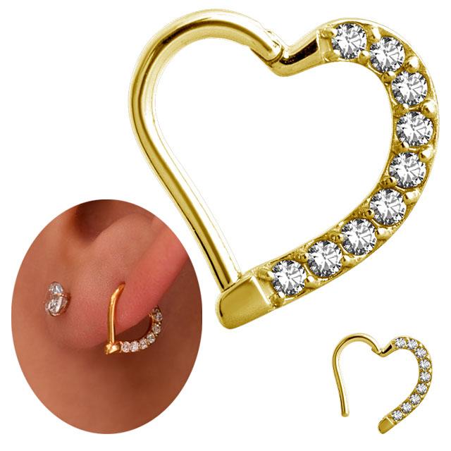 ワンタッチで簡単リング ボディピアス 16g 24金gold Pvd パカッとハート クリスタルストーン 可愛いハート ロブ へリックス トラガス ロック クリッカーピアス 送料関税無料