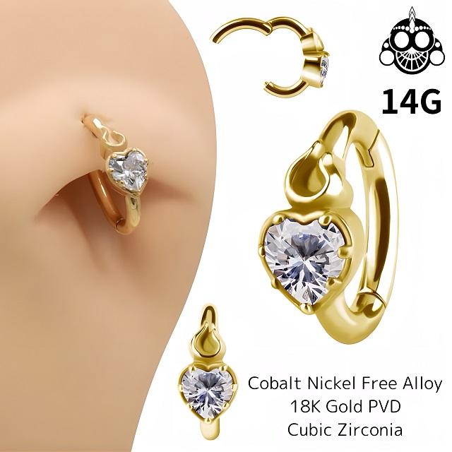 ワンタッチピアス 14G K18ゴールドPVD ハート ニッケルフリー ピアス