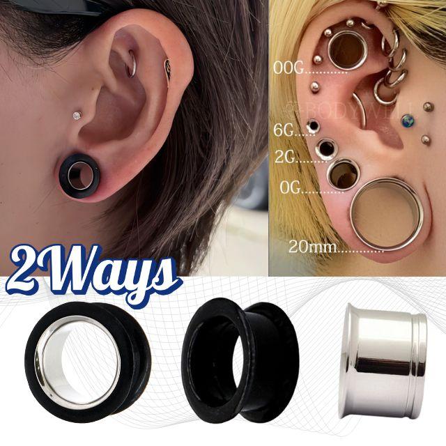 ピアス メンズ 17mm 20mm 2WAY ブラックシリコン ステンレススリーブ