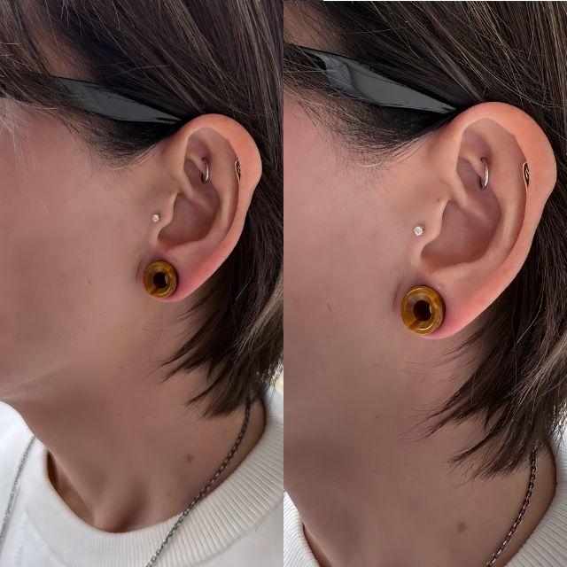ピアス アレルギー対応 2G 0G 00G タイガーアイ ダブルフレア 天然石