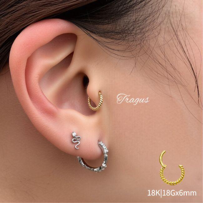 K18 18g 18金ゴールド 内径6mm ツイスト ワンタッチピアス 18K セグメントリングピアス クリッカー リングピアス ロブ 軟骨ピアス トラガス ロックの画像