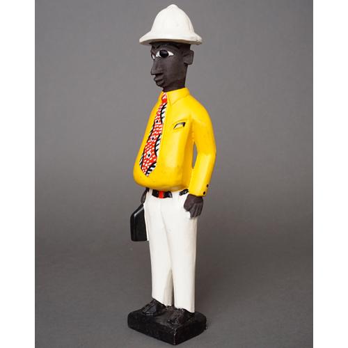 アフリカ　コートジボワール　コロン人形　黄シャツのビジネスマン　木彫り　立像