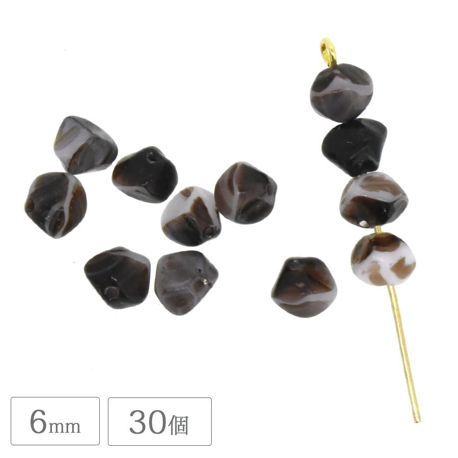 チェコビーズ 変形 30個 6mm ブラウン×ホワイト 茶色 白 ガラス 