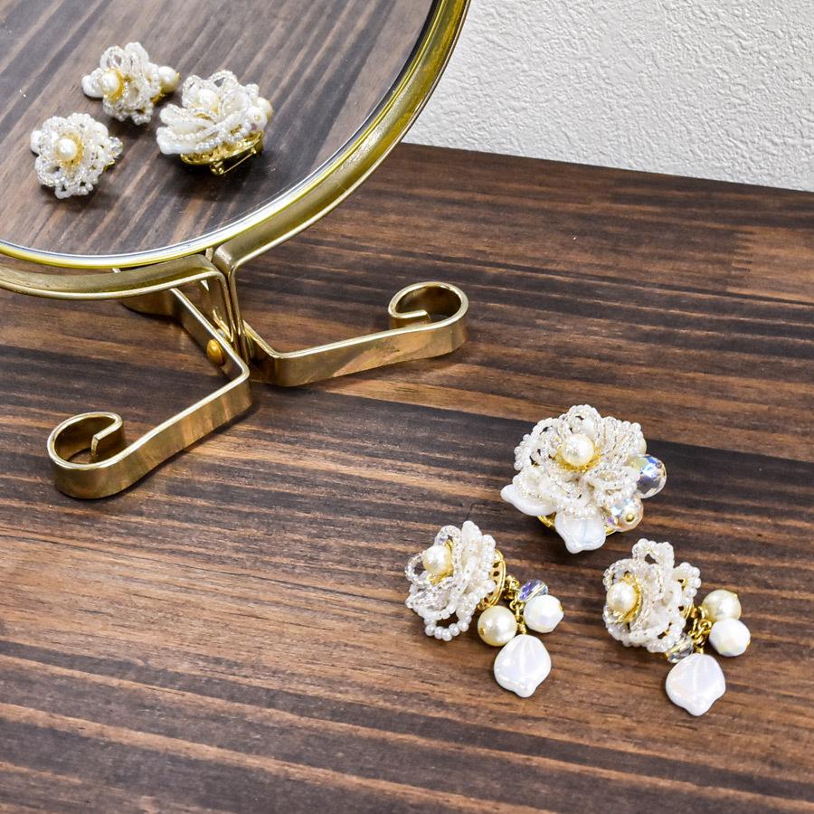 アクセサリーキット ワイヤーフラワーのピアス ゴールド ガラス ビーズ