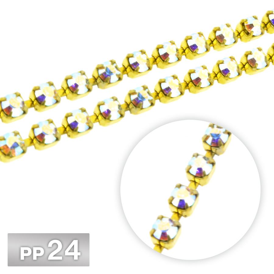 Swarovski ラインストーンチェーン（クリスタルガラス連爪、合計7.2m） ラインストーン チェーン PP24 1m クリスタルAB ゴールドカラー 連爪