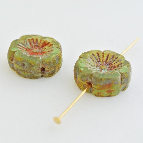 チェコビーズ ウランガラス ハワイアンフラワー14x14mm オリーブピカソ 