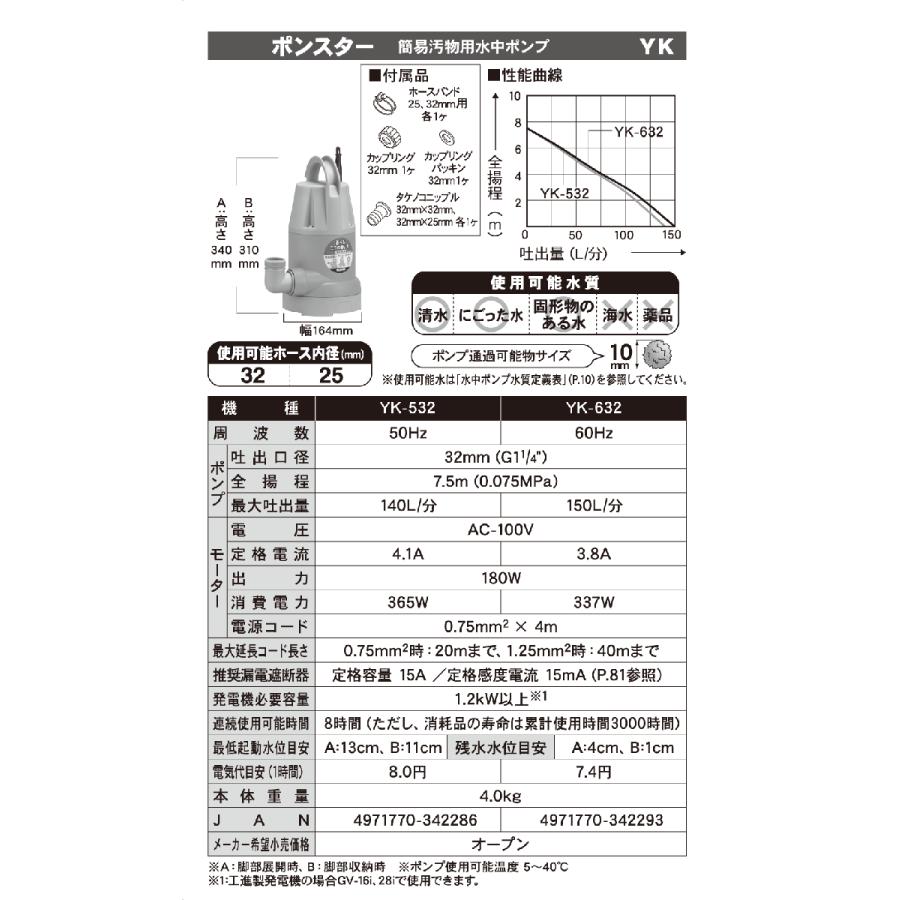 工進（KOSHIN） 水中 ポンプ モーター YK-532 YK-632 AC100V 100V