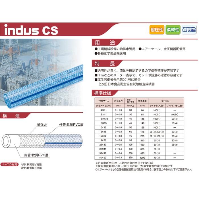 耐圧ホース 100m 6mm 1.0MPa インダス CS 気体 薬品 油 粉体 水 耐圧性 透明 柔軟性 工場 設備 給排水管 エアーツール 空圧機_1