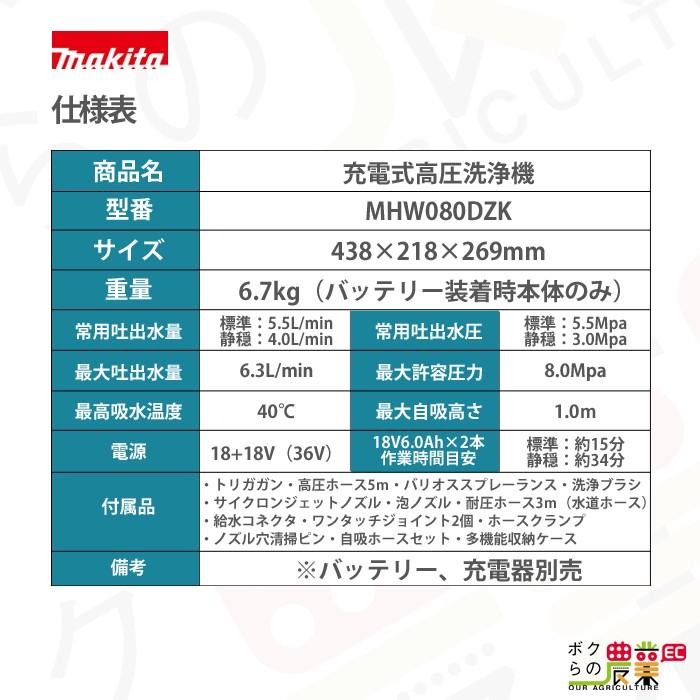 マキタ 高圧洗浄機 充電式 MHW080DZK 本体のみ バッテリ・充電器 マキタ 高圧洗浄機 充電式 MHW080DZK 本体のみ バッテリ・充電器