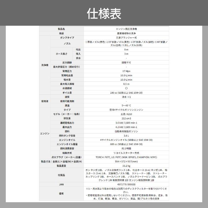 工進 セット商品 高圧洗浄機 工進 エンジン式  JCE-1710 JCE-1710 JCE-1710 + 延長ホース20m PA-265 空冷4サイクルガソリンエンジン 水道直結 自吸式｜bokunou｜07