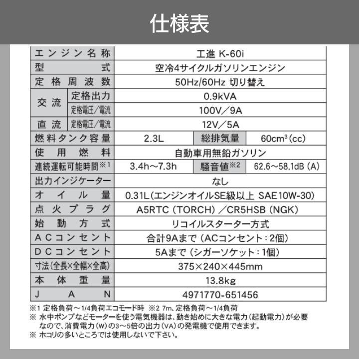 工進（KOSHIN） インバーター発電機 GV-9SE 900W 0.9kVA インバータ
