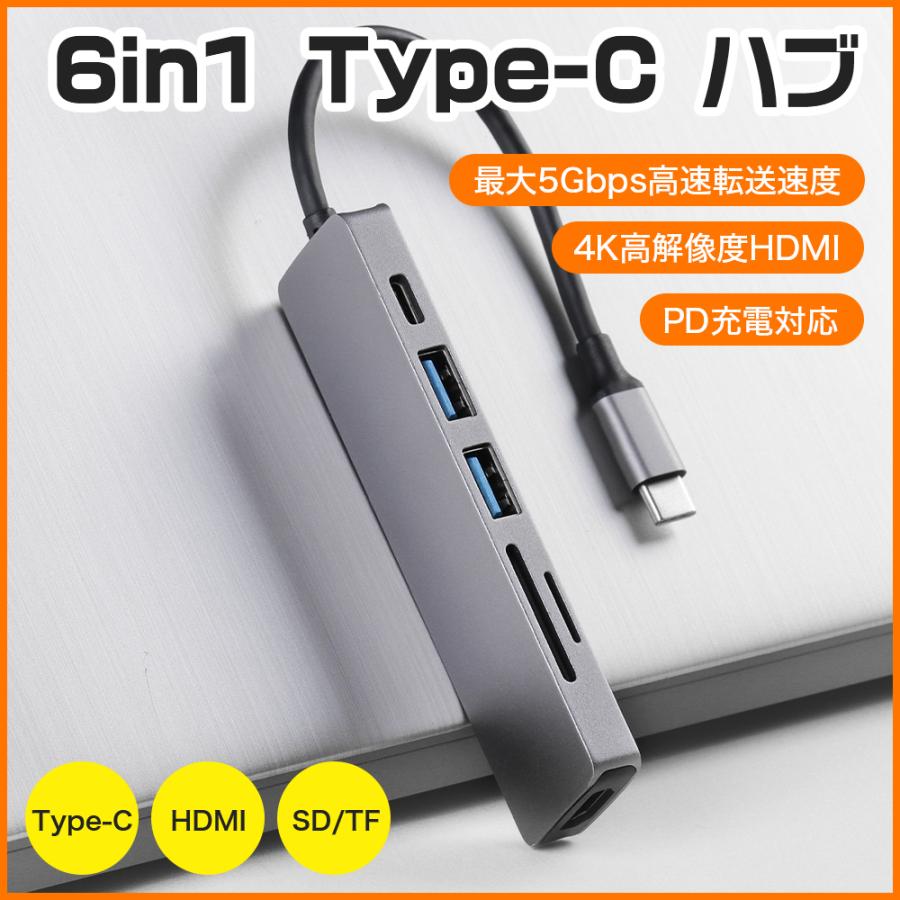 USB-Cハブ Type-C USBハブ HDMI 4K 6ポート USB3.0 ハブ PD/SD対応