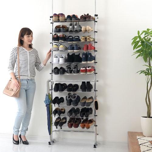 突っ張りシューズラック 10段 薄型 スチール 壁面 ラック 靴収納 フック 靴べら オフィス 傘かけ 狭い 玄関 おしゃれ Sbxuw0010 デザイン家具通販like Ai 通販 Yahoo ショッピング