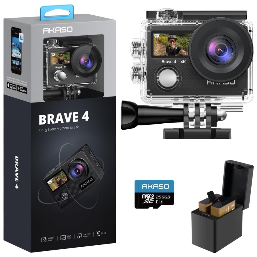 AKASO Brave4 アクションカメラ 4K30FPS デュアルスクリーン EIS手ブレ補正 40M防水 水中カメラ HDMI出力 アクションカム