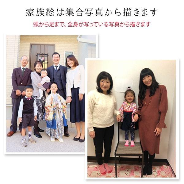 喜寿 祝い プレゼント 似顔絵 紫の喜寿Tシャツを着せて描く 家族絵 5名様 縦向き 家族 父 母 両親 米寿や傘寿、卒寿祝いにも - 7