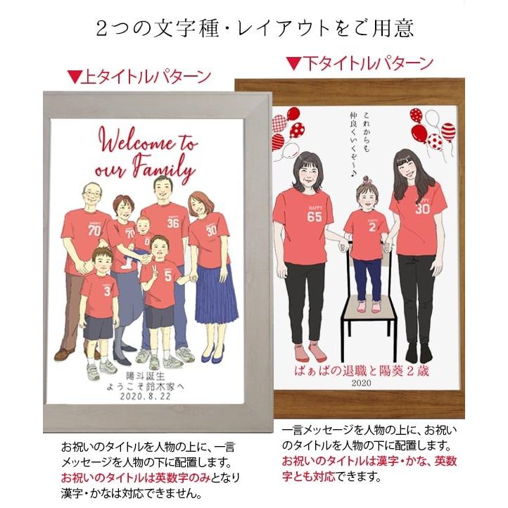 プレゼント 出産 結婚の記念に 似顔絵 お揃いのTシャツを着せて描く 家族絵 縦向き イラスト 額入り 両親 七五三 お宮参り 【あさつゆ】 入園入学など
