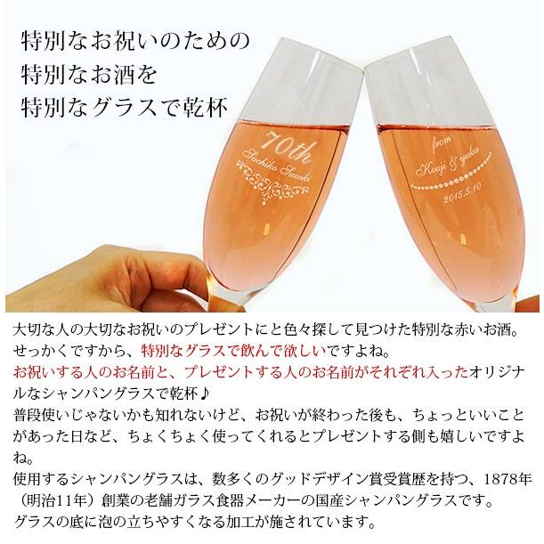 古希祝い プレゼント 赤い純米酒とペアグラスセット 祝寿満開 祝寿ラベル 赤い日本酒 名入れ シャンパングラス セット 地酒 古希のお祝い 男性 女性 両親｜bondsconnect｜05