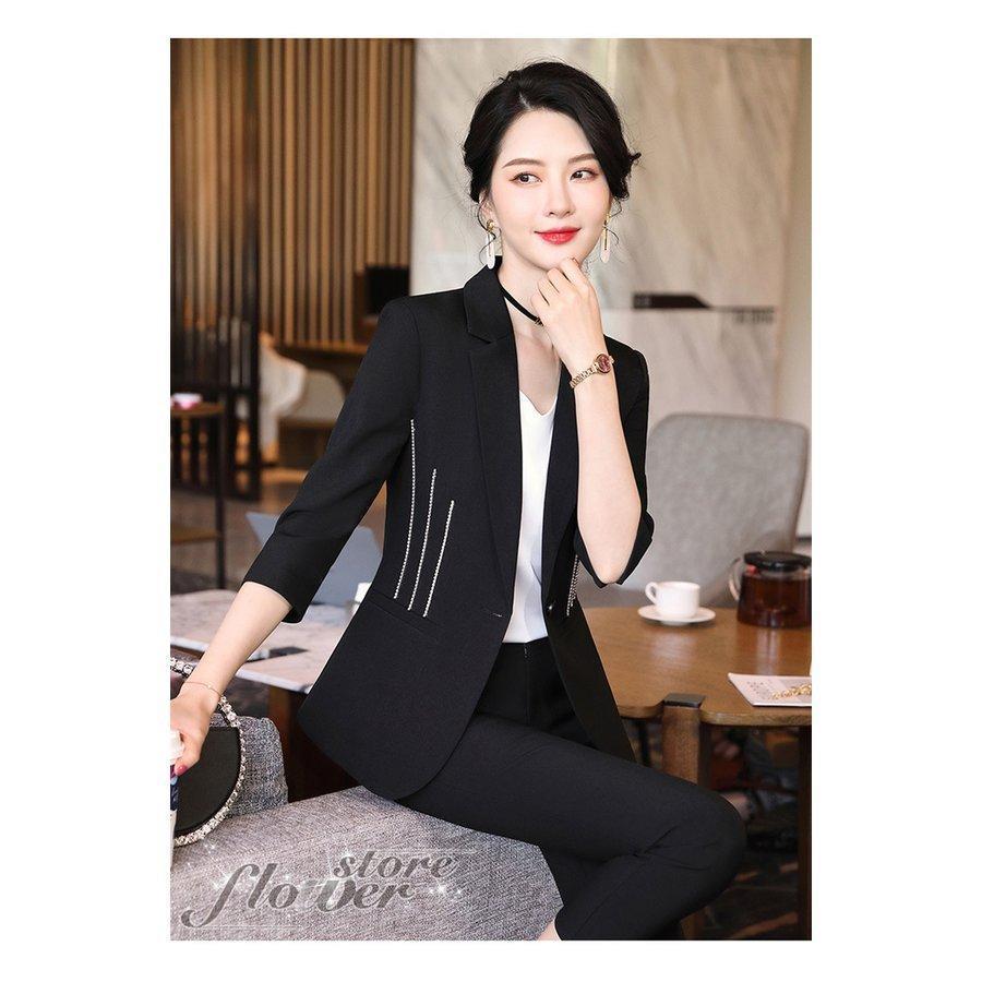 パンツスーツ レディース 点セットパンツ黒スーツ 韓国風長袖 