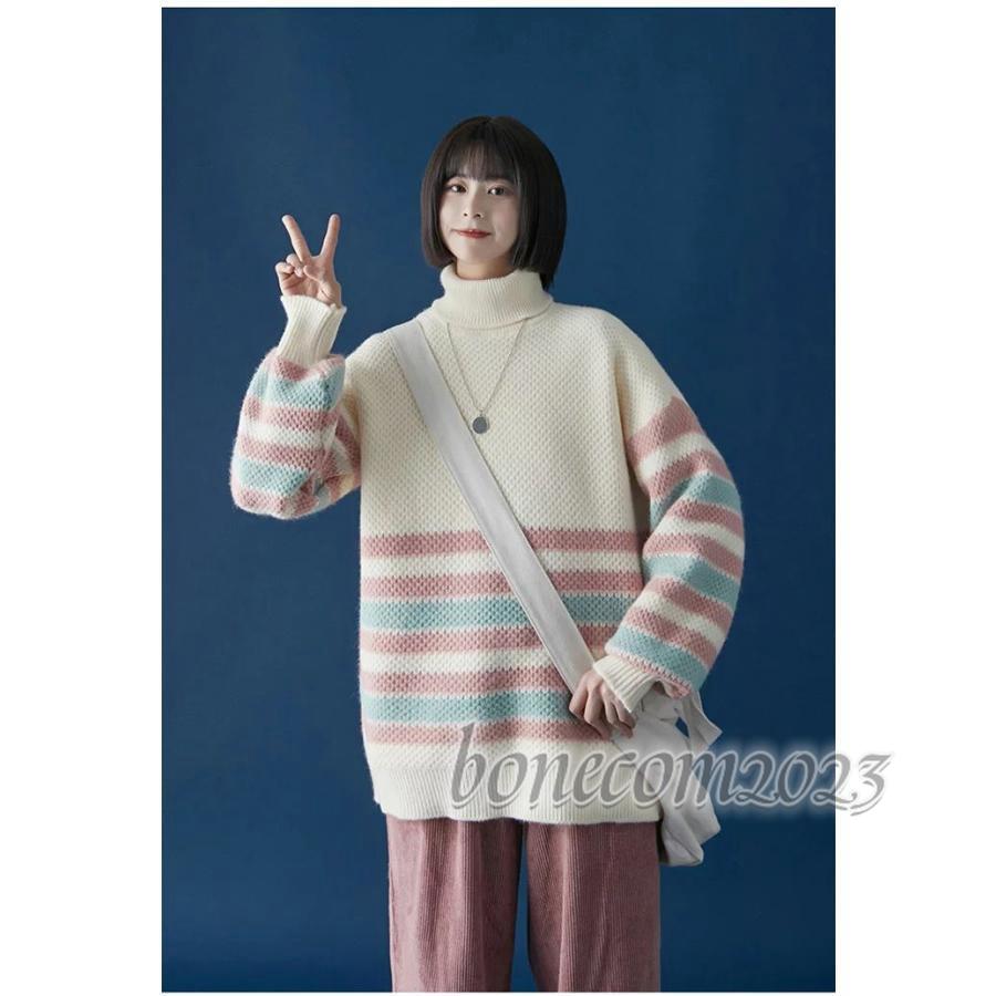 セーター ニットふく 普段着 秋冬 HAPPY NEW YEAR ハイネック ボーダー柄 かわいい おしゃっれ 長袖 暖かい oversize 韓国風 友達 女性 親友 防寒 加厚 家用｜bonecom2023｜03