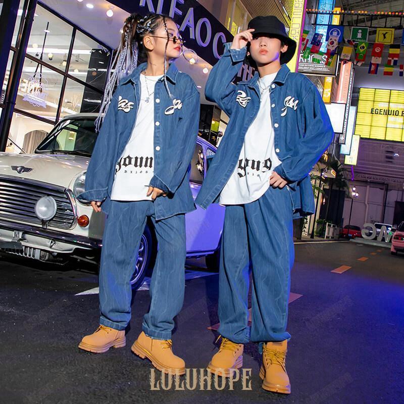 キッズダンス衣装 ヒップホップ HIPHOP デニムセットアップ アウター パンツ 子供 男の子 女の子 ガールズ ジャズダンス ステージ衣装 練習着 応援団 演出服｜bonecom2023｜04