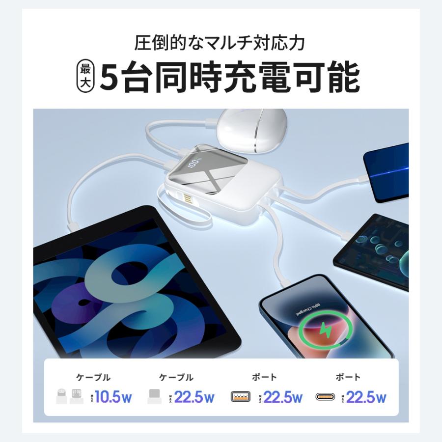 【4本ケーブル内蔵】モバイルバッテリー PD22.5W急速充電 P60 23600mAh大容量 残量表示 5台同時充電 LEDライト Type-C出入力 防災グッズ  MFI認証 PSE認証済み | ブランド登録なし | 09