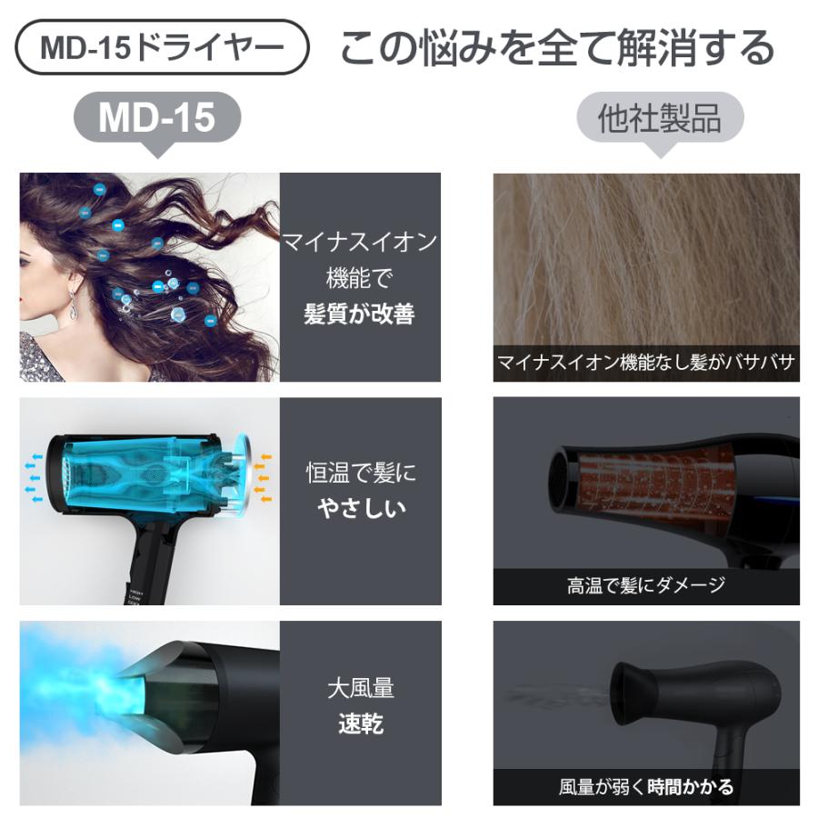 ヘアドライヤー マイナスイオン 大風量 3分速乾 57℃恒温 ノズル付き