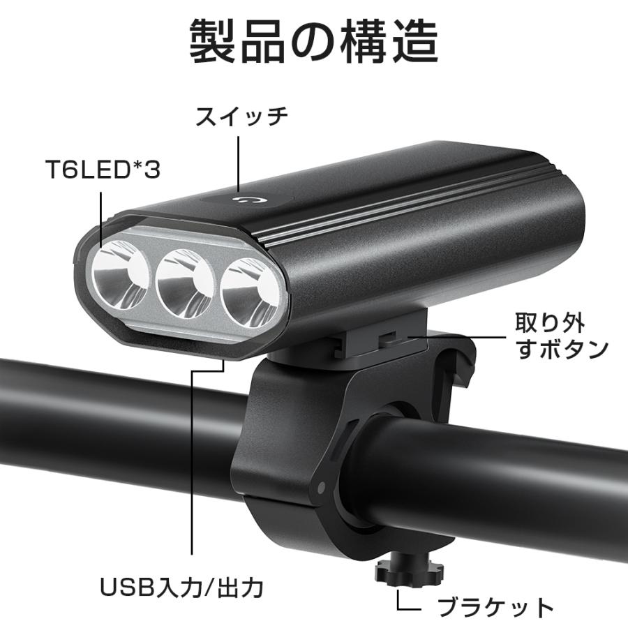 自転車ライト LED 1000ルーメン 6種点灯モード 5200mAh 大容量 ヘッドライト 3つ集光ライト IPX6防水 脱落防止  テールライト付き コンパクト スマホ充電｜bonefeur｜14